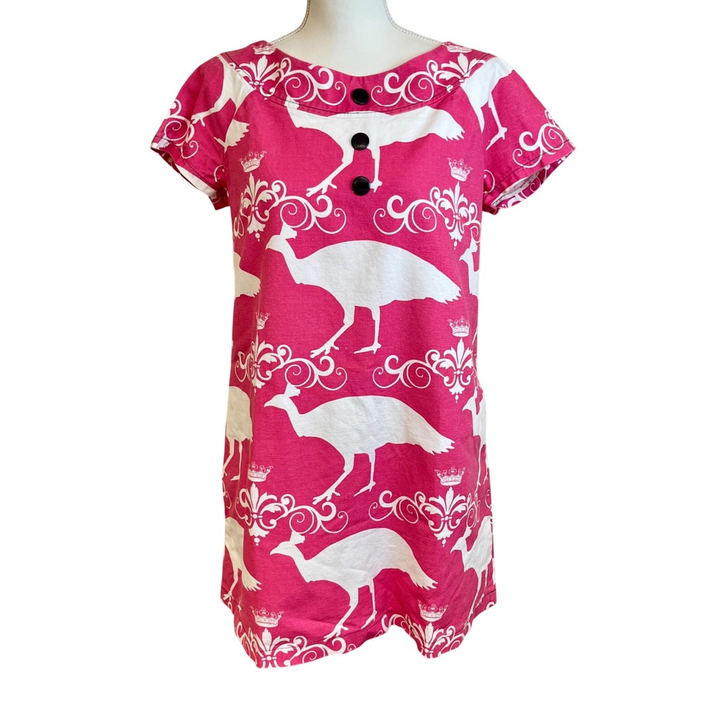 BEEBOP & WALLY Pink Peacock Bird Print Short Sleeve Dress Sz L Shift Whimsy Arty